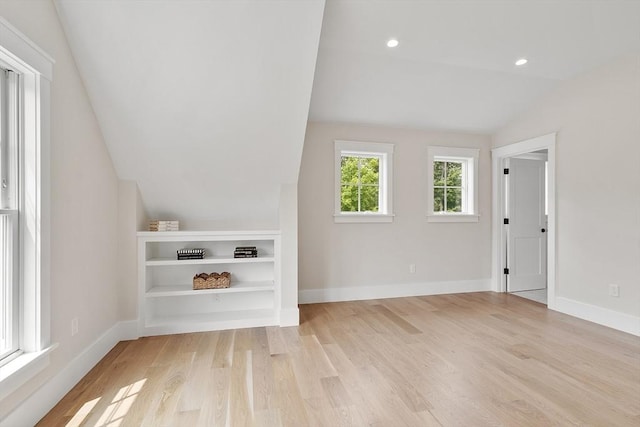 1 Beech Tree Ln, Lexington, MA 02421 - unfurnished living room featuring vaulted ceiling, light wood-style floors, baseboards, and recessed lighting