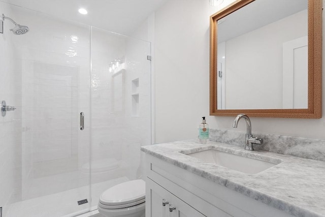 1 Beech Tree Ln, Lexington, MA 02421 - full bathroom with toilet, a shower stall, vanity, and recessed lighting