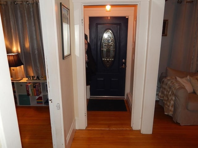 foyer entrance with baseboards and wood finished floors