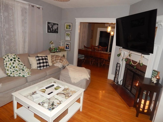 living area featuring a fireplace with flush hearth and light wood-style flooring