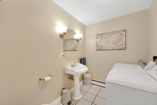 24 Azalea Way, Belchertown, MA 01007 - bathroom with washing machine and dryer, baseboard heating, and tile patterned floors