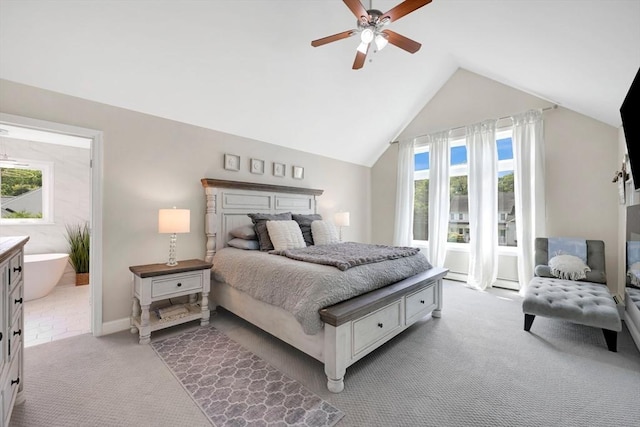 24 Azalea Way, Belchertown, MA 01007 - bedroom featuring light carpet, multiple windows, vaulted ceiling, ceiling fan, and ensuite bathroom