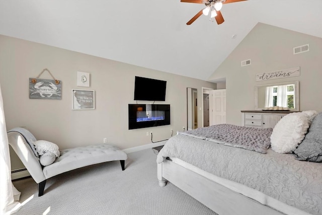 24 Azalea Way, Belchertown, MA 01007 - bedroom with carpet, baseboard heating, high vaulted ceiling, and a ceiling fan