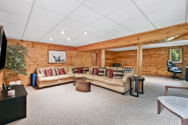 24 Azalea Way, Belchertown, MA 01007 - living room with carpet floors, wooden walls, recessed lighting, and a paneled ceiling