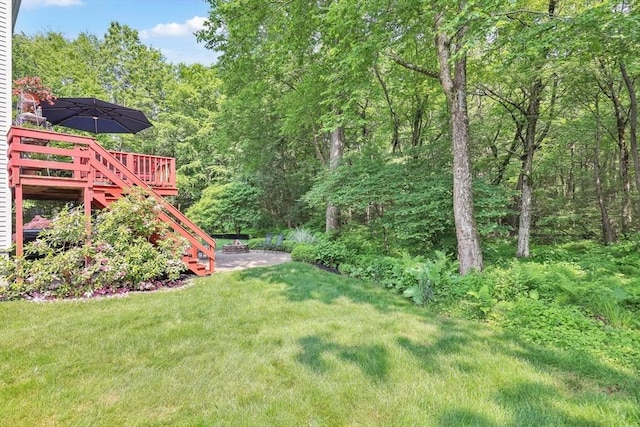 24 Azalea Way, Belchertown, MA 01007 - view of green lawn with stairway, a wooden deck, and a view of trees