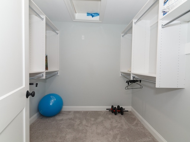 walk in closet featuring light colored carpet