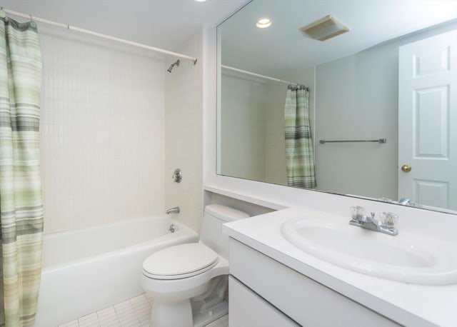 173 Oak Unit 208W, Newton, MA 02464 - bathroom featuring shower / tub combo, vanity, tile patterned floors, and recessed lighting