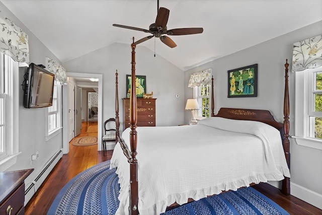 bedroom featuring a baseboard radiator, wood finished floors, lofted ceiling, baseboards, and a ceiling fan