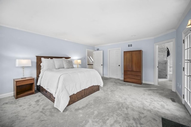 bedroom featuring carpet, crown molding, and baseboards