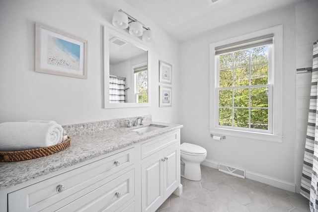 full bathroom with vanity, toilet, baseboards, tile patterned flooring, and a shower with curtain