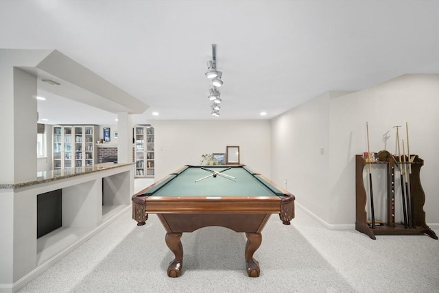 playroom with track lighting, recessed lighting, baseboards, pool table, and carpet floors