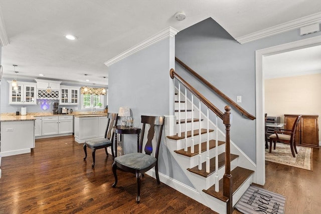 27 Nadias Way, Brockton, MA 02301 - stairs with crown molding, a chandelier, wood finished floors, recessed lighting, and baseboards