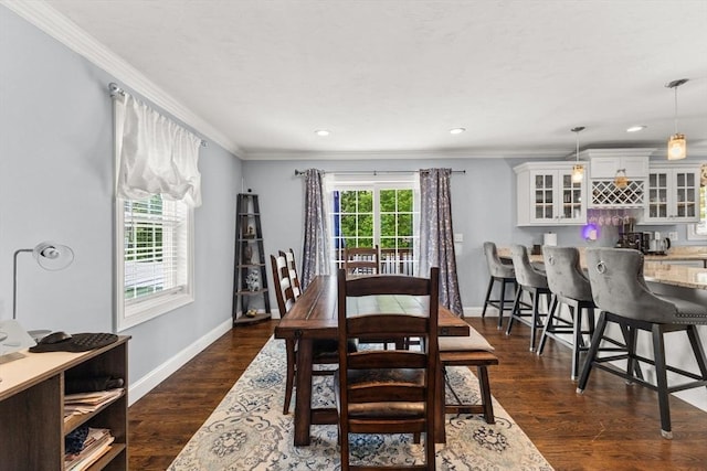 27 Nadias Way, Brockton, MA 02301 - dining room with ornamental molding, baseboards, bar, dark wood-style floors, and recessed lighting