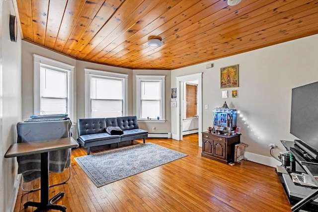 38 Cliff St, Fitchburg, MA 01420 - living room with hardwood / wood-style floors, wooden ceiling, ornamental molding, baseboards, and a baseboard heating unit