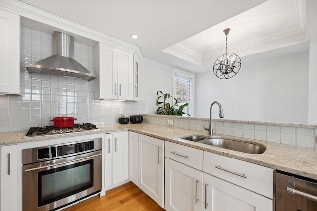 kitchen featuring sink, a tray ceiling, white cabinets, appliances with stainless steel finishes, and wall chimney range hood