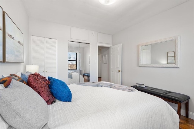 bedroom with multiple closets and wood finished floors