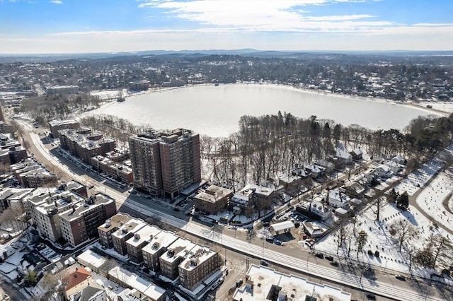 drone / aerial view with a water view