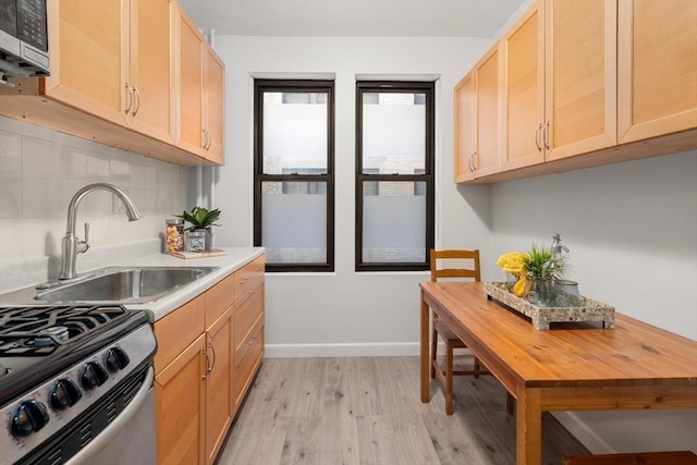 kitchen with light wood-style flooring, a sink, tasteful backsplash, appliances with stainless steel finishes, and light countertops