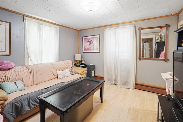 19 Chester St, Fitchburg, MA 01420 - living room with crown molding, light wood-style floors, a baseboard heating unit, and baseboards