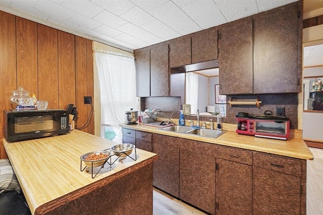 19 Chester St, Fitchburg, MA 01420 - kitchen with a sink, black microwave, light countertops, light wood-type flooring, and wood walls
