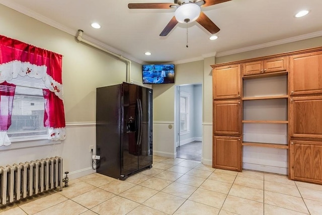 67 Alexander St, Springfield, MA 01107 - kitchen featuring radiator, black fridge with ice dispenser, ornamental molding, a ceiling fan, and recessed lighting