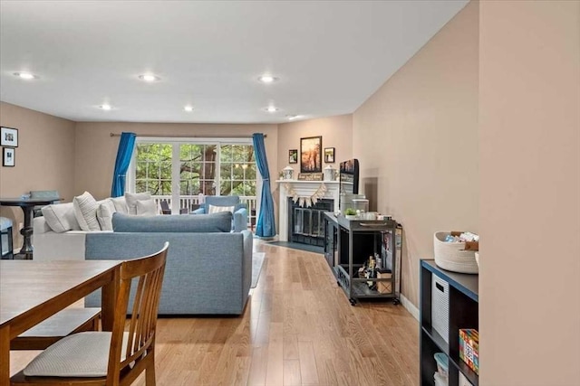 U505 Browning Ln # 505, Worcester, MA 01609 - living area featuring light wood finished floors, a fireplace with flush hearth, and recessed lighting