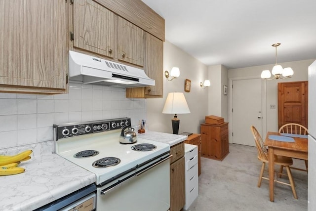56 Jacqueline Rd Unit 12, Waltham, MA 02452 - kitchen featuring white range with electric cooktop, under cabinet range hood, light countertops, backsplash, and light carpet