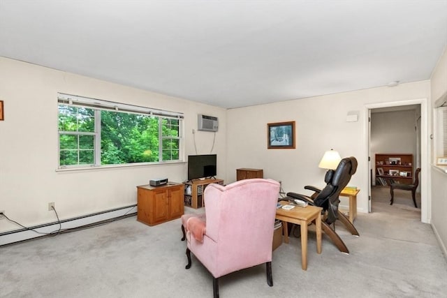56 Jacqueline Rd Unit 12, Waltham, MA 02452 - living room with light carpet, a desk, an AC wall unit, and a baseboard heating unit