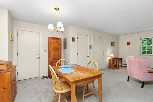 56 Jacqueline Rd Unit 12, Waltham, MA 02452 - dining area with light colored carpet, a chandelier, electric panel, and a baseboard heating unit