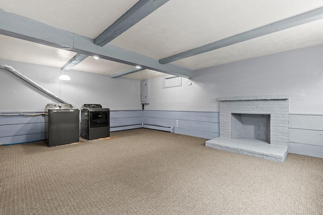 5 Ingalls Rd, Tyngsborough, MA 01879 - finished basement featuring carpet floors, baseboard heating, washer and dryer, electric panel, and a fireplace