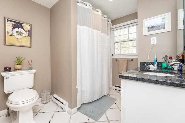 60 Spencer St Unit 60, Millis, MA 02054 - full bathroom with a baseboard heating unit, baseboards, vanity, toilet, and curtained shower
