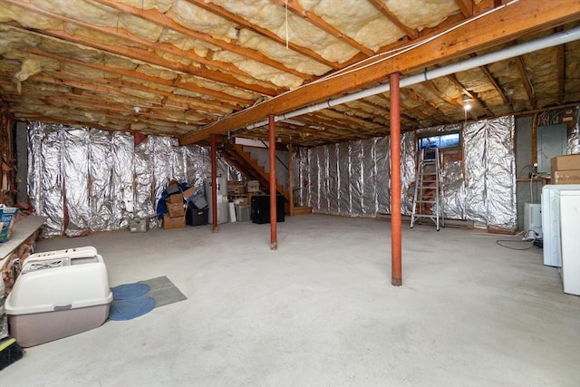 60 Spencer St Unit 60, Millis, MA 02054 - unfinished below grade area with gas water heater, electric panel, washer / dryer, and stairs