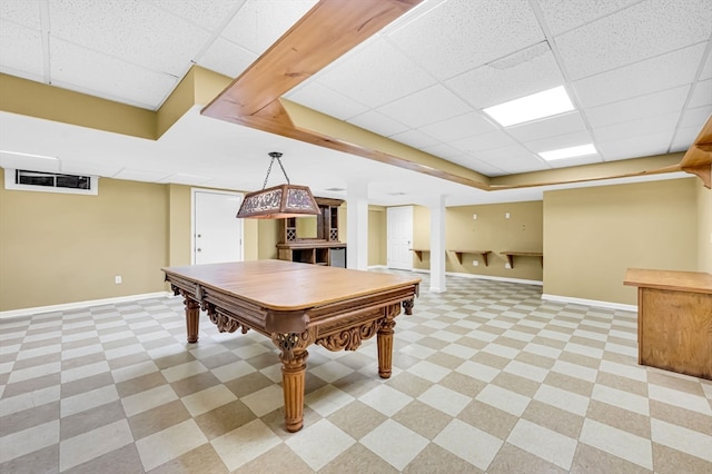 game room with light tile floors, billiards, a tray ceiling, and a drop ceiling