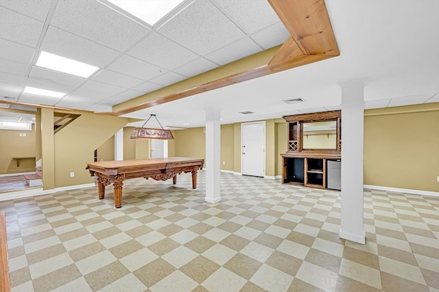 playroom with billiards, light tile floors, and a drop ceiling