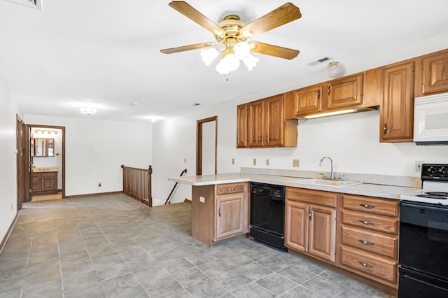 kitchen featuring kitchen peninsula, ceiling fan, white appliances, sink, and light tile floors