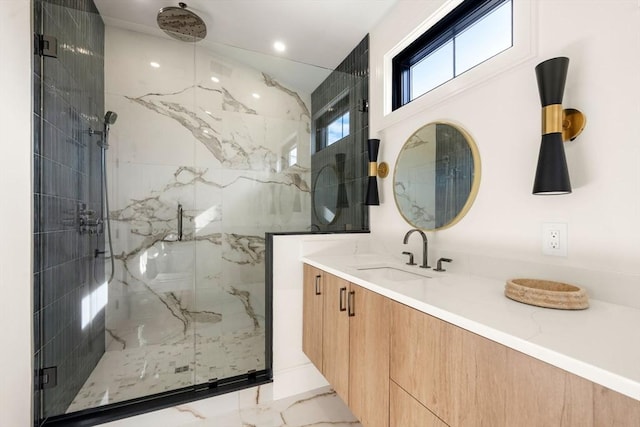 20 Clinton St Unit 22, Newton, MA 02458 - full bathroom featuring a marble finish shower, vanity, marble finish flooring, and lofted ceiling
