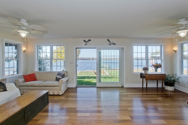 living room featuring dark hardwood / wood-style flooring, a water view, and plenty of natural light