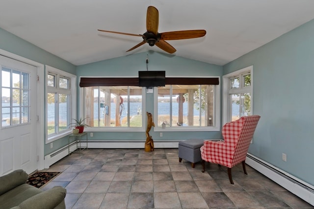 sunroom with lofted ceiling, ceiling fan, and a baseboard radiator