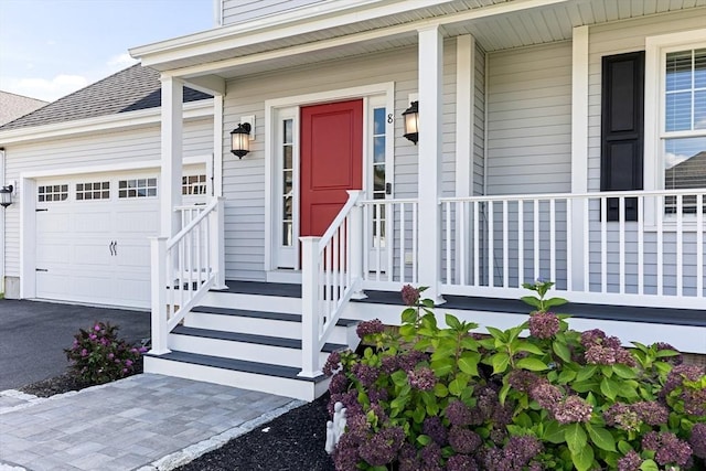 property entrance featuring a garage, aphalt driveway, and roof with shingles