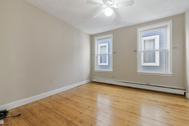 empty room with a baseboard radiator, light hardwood / wood-style floors, and ceiling fan