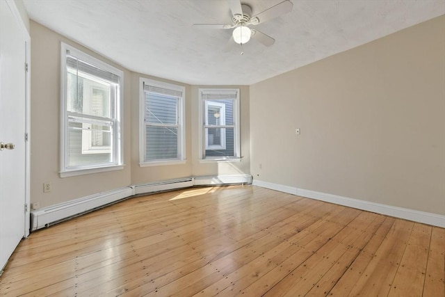 empty room featuring ceiling fan, light hardwood / wood-style flooring, and a baseboard radiator