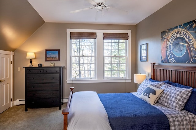 bedroom featuring lofted ceiling, a baseboard radiator, ceiling fan, and carpet