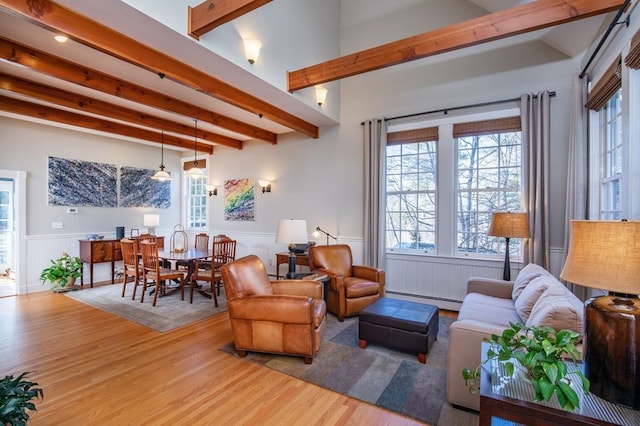 living room featuring beam ceiling, wood-type flooring, and a baseboard heating unit