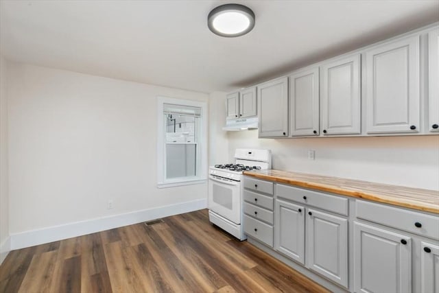 16 Rantoul St, Beverly, MA 01915 - kitchen with gas range gas stove, wood counters, under cabinet range hood, gray cabinets, and dark wood-type flooring