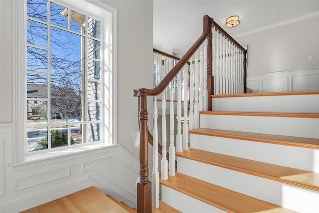 stairs featuring a wainscoted wall, ornamental molding, and a decorative wall