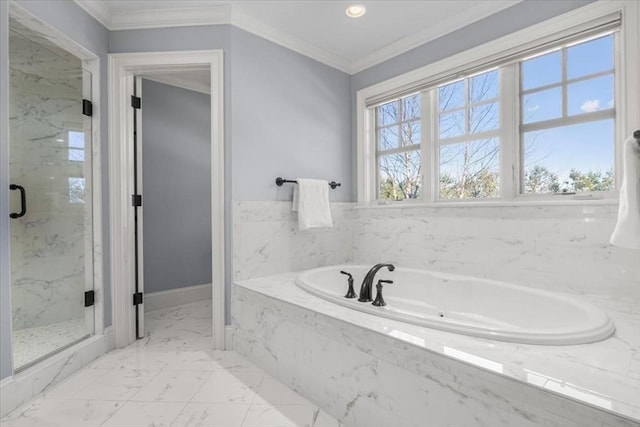 bathroom with marble finish floor, ornamental molding, a garden tub, and a marble finish shower