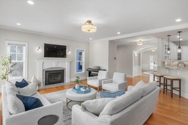 living area with light wood-style flooring, a fireplace, and crown molding