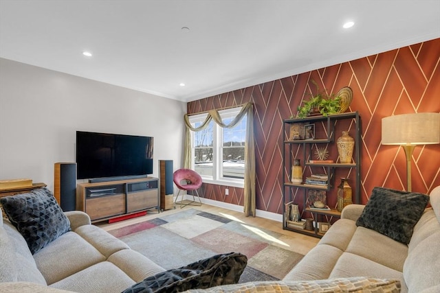 living room featuring recessed lighting, baseboards, and ornamental molding