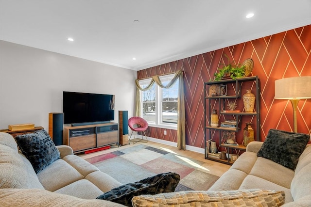 living room featuring recessed lighting and baseboards