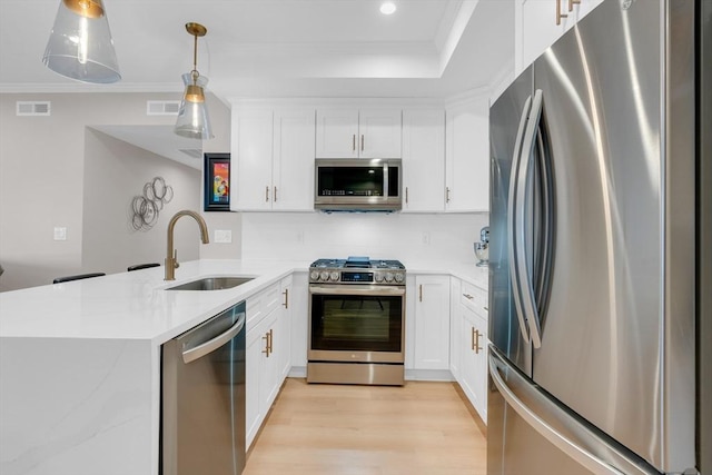 kitchen featuring a sink, visible vents, appliances with stainless steel finishes, and ornamental molding